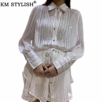 

women's Suit White 2019 Autumn New High-end Custom High temperature Hot drilling Gold Thread Silk Shirt + Shorts Two Piece Set