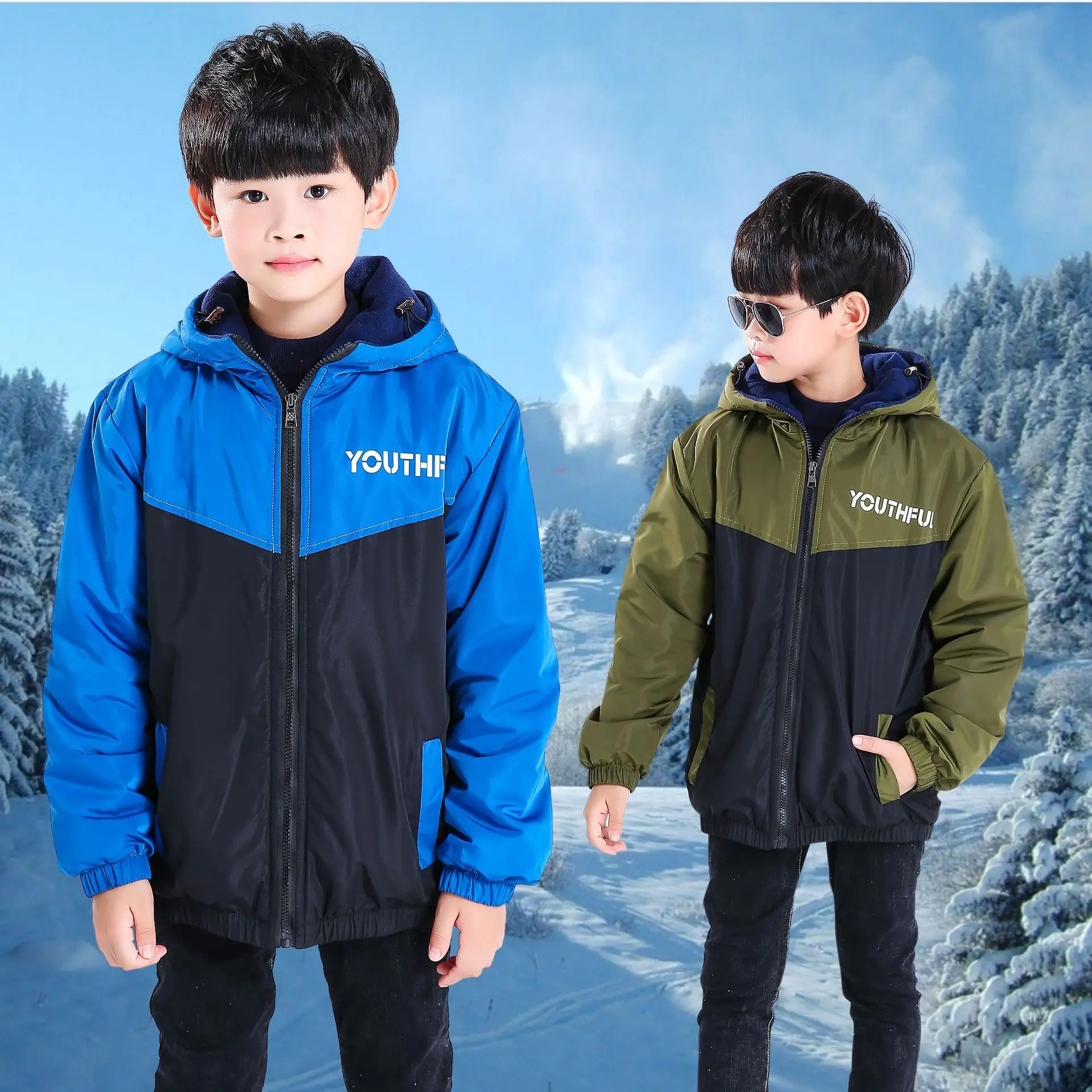 

Middle And Large BOY'S Winter Brushed And Thick Waterproof Raincoat Jacket Cold Protective Clothing Zipper Hooded Coat