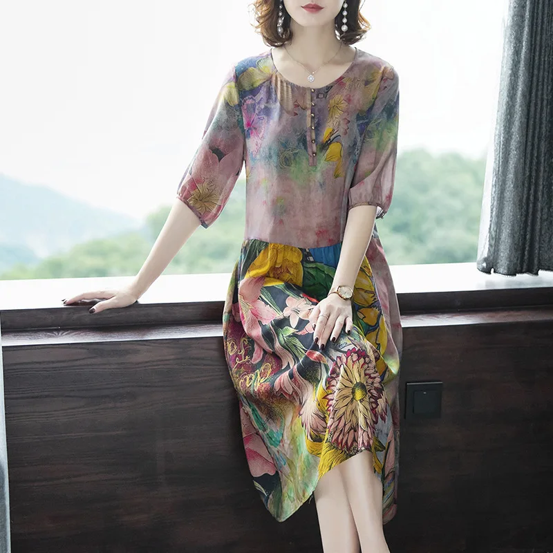 

Silk Dress Female Summer New Retro O-neck Print Dress Large Size M-4XL High Quality Fashion Elegant Casual Vestidos HK334