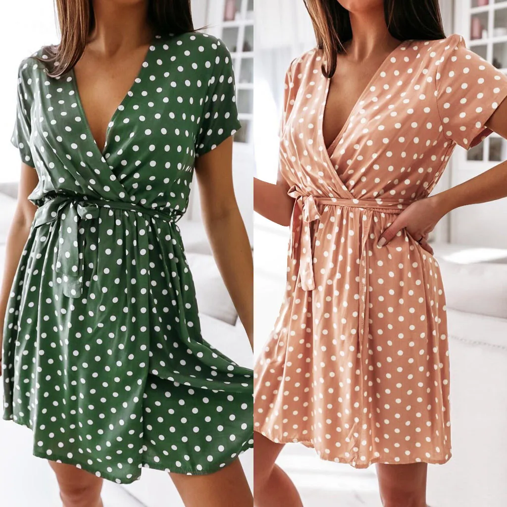 Womens Summer Fashion Dress Short Sleeve V-Neck Ladies Polka Dot Dreeses Split Vestidos For Femela Boho Beach Holiday Dress#s |