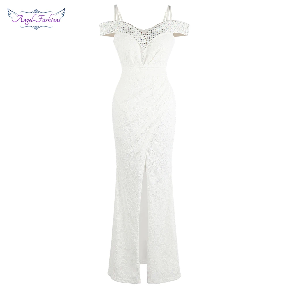 Женское кружевное платье Angel fashions белое свадебное с вырезом лодочкой и разрезом
