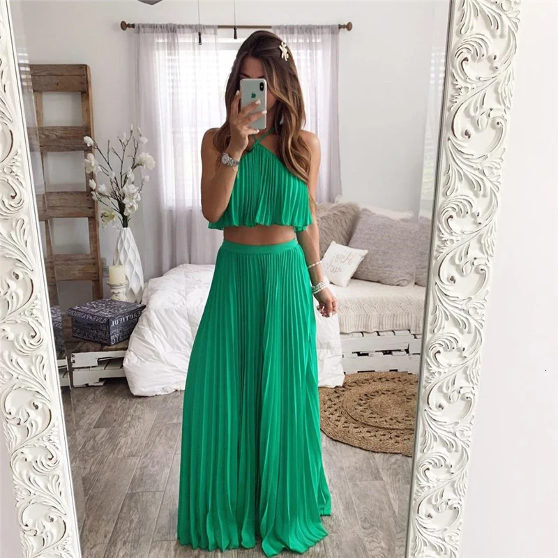Justchicc шифоновый короткий топ длинное платье комплект из двух предметов сексуальное летнее платье Женский комплект 2 шт. Холтер без Рукавов праздничный комплект