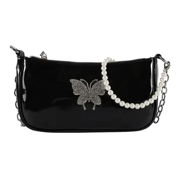 

Butterfly Chain Armpit Bag Vintage Black Pearl Chain Shoulder Bag Women Patent Leather Top-handle Bag With Shoulder Strap