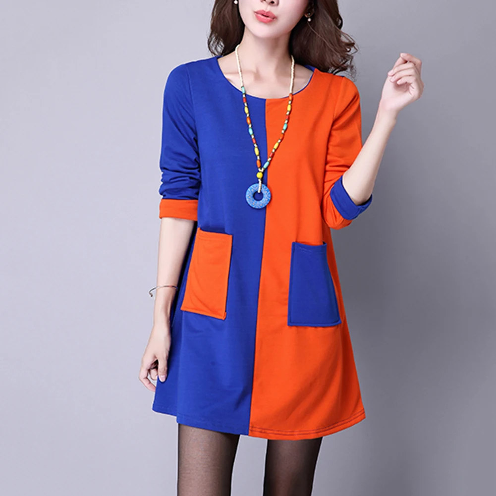 New Fashion Dress Women With Pocket Solid Color Long Sleeve Round Neck Loose Casual Autumn Winter Dress