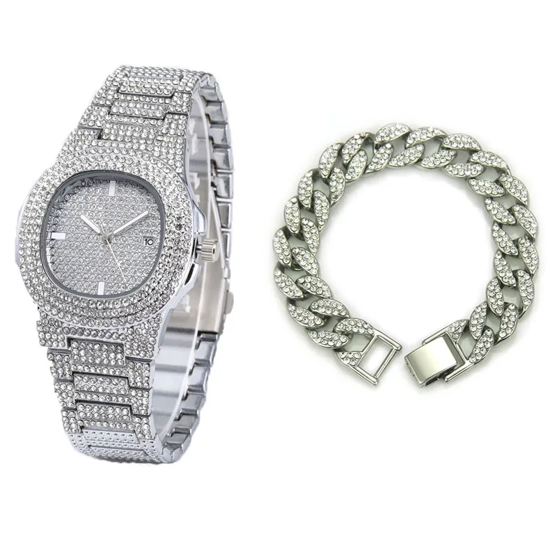 Silver Watch Bracelt Ожерелье+ часы+ браслет в стиле хип-хоп, кантри, кубинская цепочка, золото, серебро, Iced Out, проложили стразы, CZ, Bling Rapper, ювелирные изделия для мужчин - Окраска металла: Silver Watch Bracelt