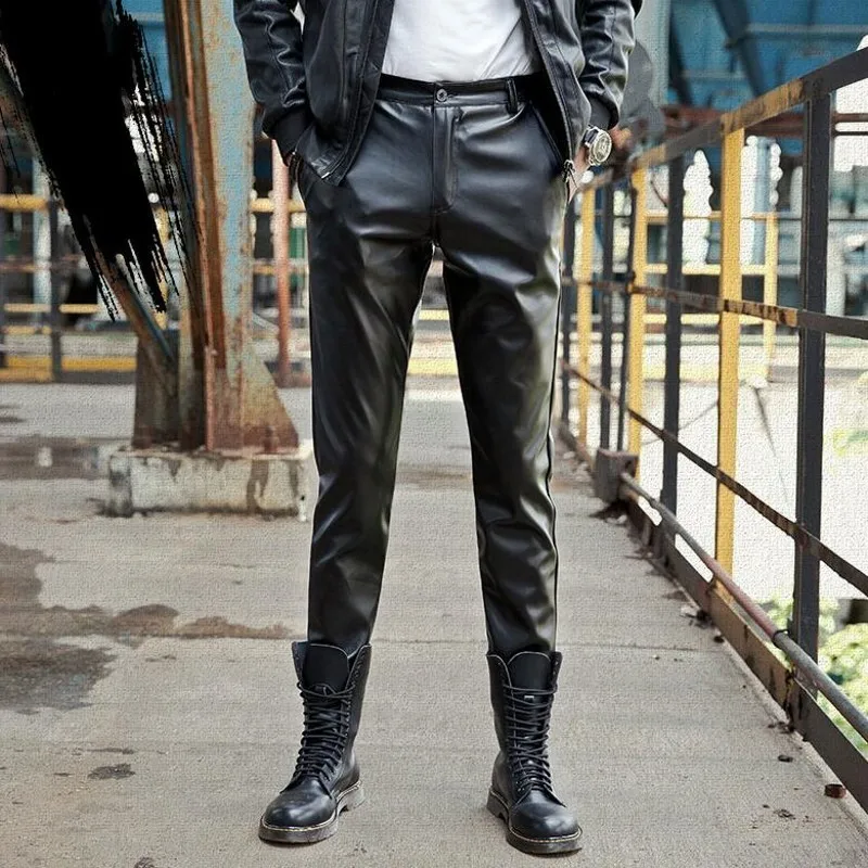 

Spring Summer New Mens Slim Fit Faux Leather Pencil Pants Korean Moto Biker Soft Stretch Full Length Male PU Leather Trousers