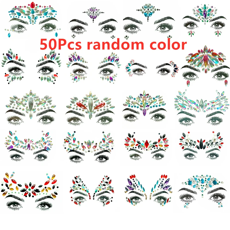 

50Pc 3D Women Face Gems Glitter Rhinestone Rave Festival Jewels Crystals Face Sticker Eyes Body Temporary Tattoo Makeup Stickers