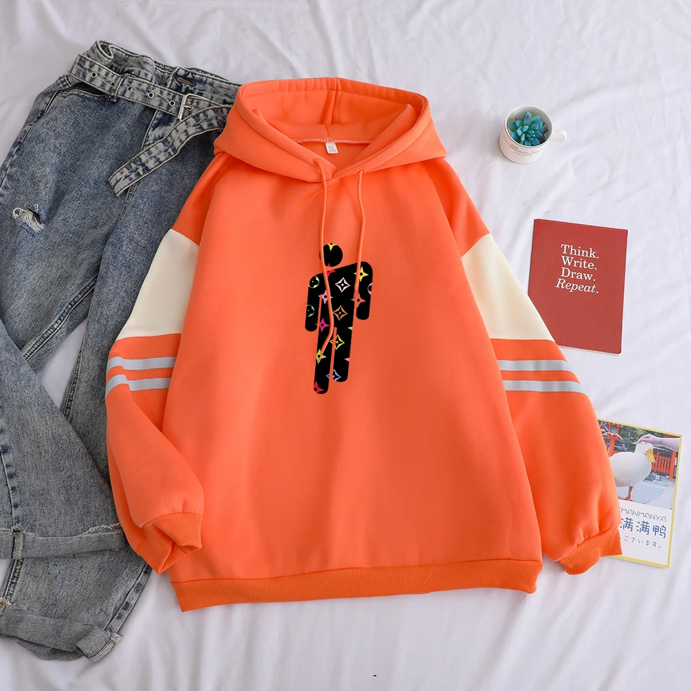 Orange Billie Eilish толстовки женские осенние зимние новые флисовые контрастные Цветные Лоскутные толстовки с капюшоном повседневные уличные толстовки с открытыми плечами - Цвет: Orange