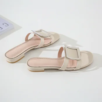 

New Style Genuine Leather Square Head Semi-high Heeled Sandals Fashion Square Buckle Sandals Sweet Versatile WOMEN'S Shoes