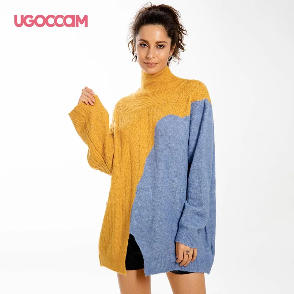 UGOCCAM, женский осенний свитер, Повседневный, свободный, водолазка, вязанные джемперы, пуловеры, уличная одежда, зимняя, с длинным рукавом, модная, негабаритная