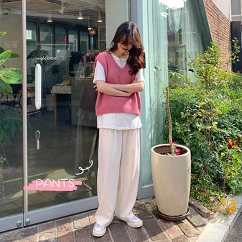 

SML 3 colors 2020 korean style solid color suit straight trouser female spring high waist long pants womens (X1153)