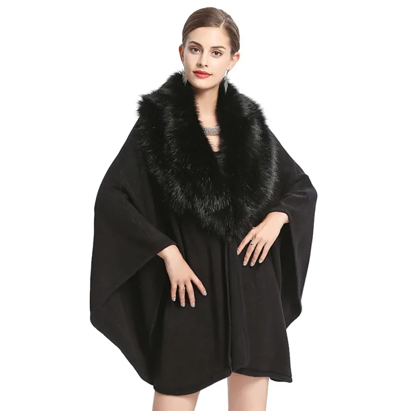 Модная элегантная женская меховая накидка пальто куртка из искусственного меха пончо шаль зимнее меховое пальто с рукавами летучая мышь