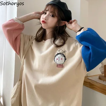 

Women Hoodies Kawaii Cartoon Printed Plus Velvet Autumn Winter Patchwork Korean Style Students Chic Ins All-match Loose Leisure