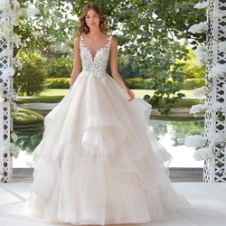 Deep V-Neck Ivory Sleeveless Wedding Dresses For Brida Tiered Applique with Puffy Tulle Spaghetti Strap Vestido de novia 2022