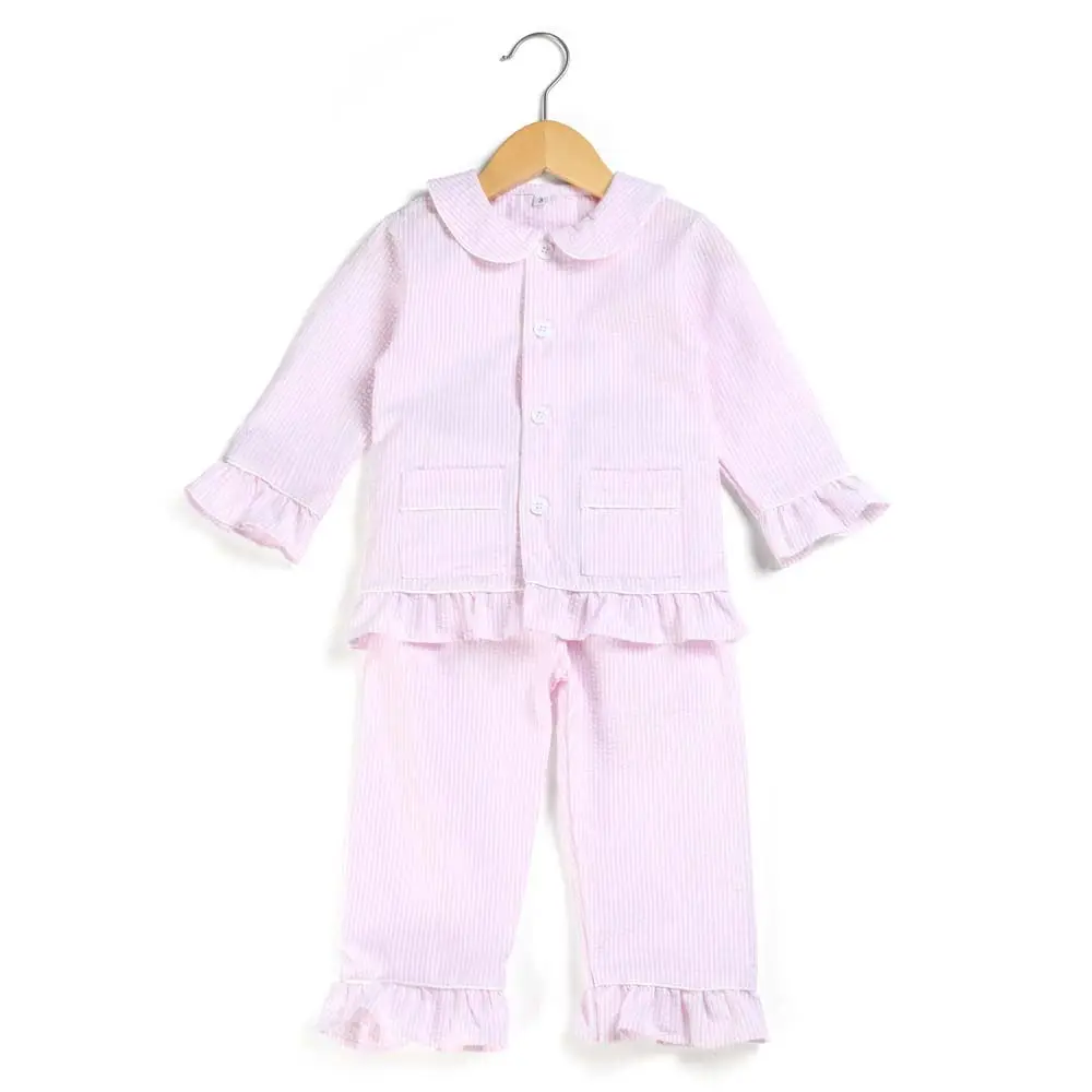 100% Cotton Seersucker Two Pieces Spring Summer Pink Ruffle Button Kids Pyjamas Boys And Girls Easter Pajamas Sets Sleepwear & Robes for baby