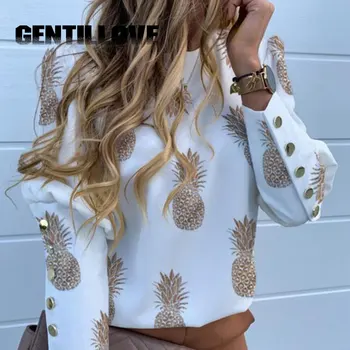 

Vintage Women Puff Shoulder Blouse Office Lady Metal Button Deco Plus Size Shirt Fashion Pineapple Print Long Sleeve Tops