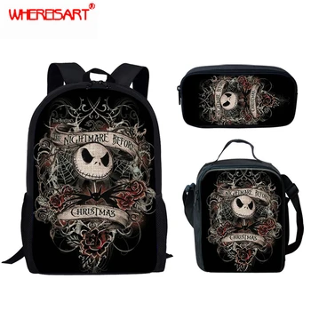 

WHEREISART School Backpack for Teenage Boys Girls Nightmare Before Christmas Children School Bag Set Gothic Student Book Bags