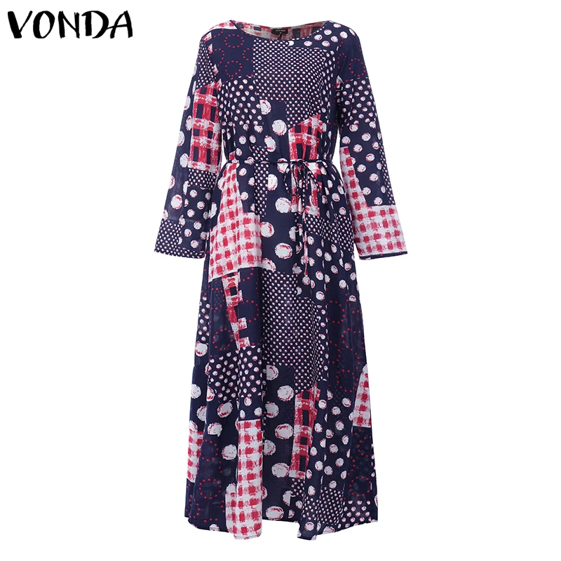 VONDA, женское платье с длинным рукавом, винтажное, с принтом, праздничное, макси, богемное, из кусков, длинные платья, вечерние, Vestidos размера плюс, сарафан, 5XL