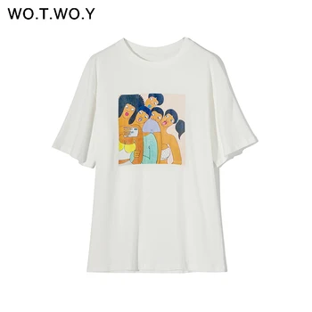 

WOTWOY Summer Girls Cartoon Print Tee Shirts Women Short Sleeve Cotton T-shirt Woman Casual O-Neck Tops Female Korean Harajuku