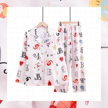 

Satin Pajamas Set Faux Silk 2 Piece Women Spring Summer Autumn Sleepwear Pajamas Printed Long Sleeve Suit Homewear