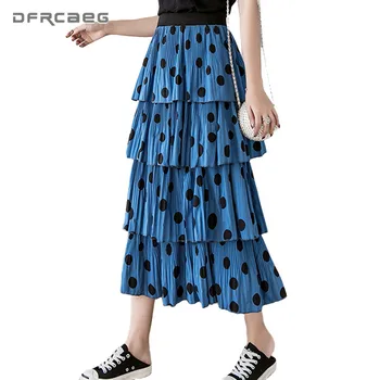 

Print Polka Dot Boho Chiffon Long Skirt For Women 2020 Summer Elastic Waist Vintage Ruffle Cake Skirts Beach Female