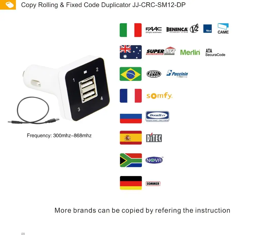 

Car charger & multi frequency Garage door remote control duplicator copy fixed and rolling code remote BENINCA CAME DOORHAN NIC