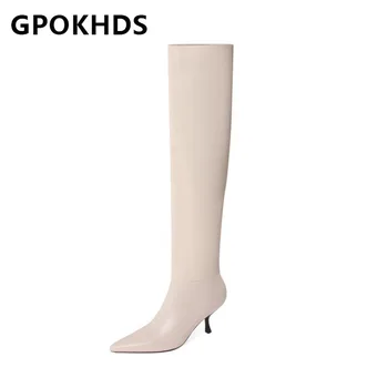 

GPOKHDS 2021 women Knee-High boots Cow leather Winter short plush Pointed Toe High heels female boots size 43