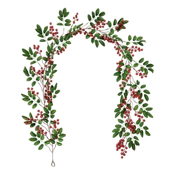 

Red Berry Christmas Garland, Artificial Berry Garland Green Leaves for Indoor Outdoor Fireplace Christmas New Year Decor