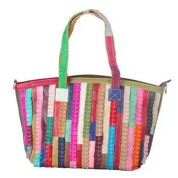 

2019 new genuine leather women's bag leather handmade stripes contrast color messenger bag shoulder bag ladies bag