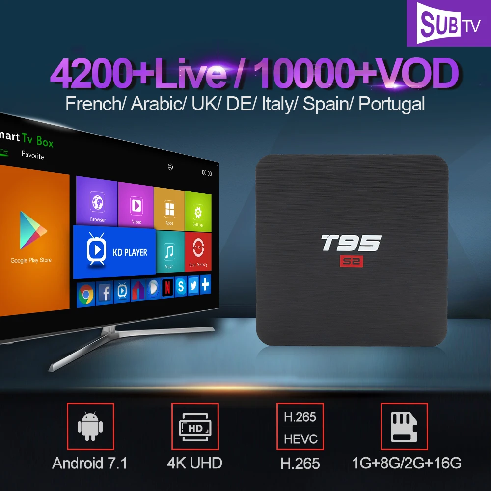 

France Italy IPTV SUBTV 1 Year IPTV Subscription T95 S2 Android 7.1 TV Box IPTV France Arabic Spain Portugal Turkey Canada IP TV