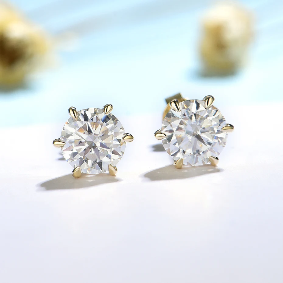 14k Yellow Gold Stud Earrings Women Moissanite