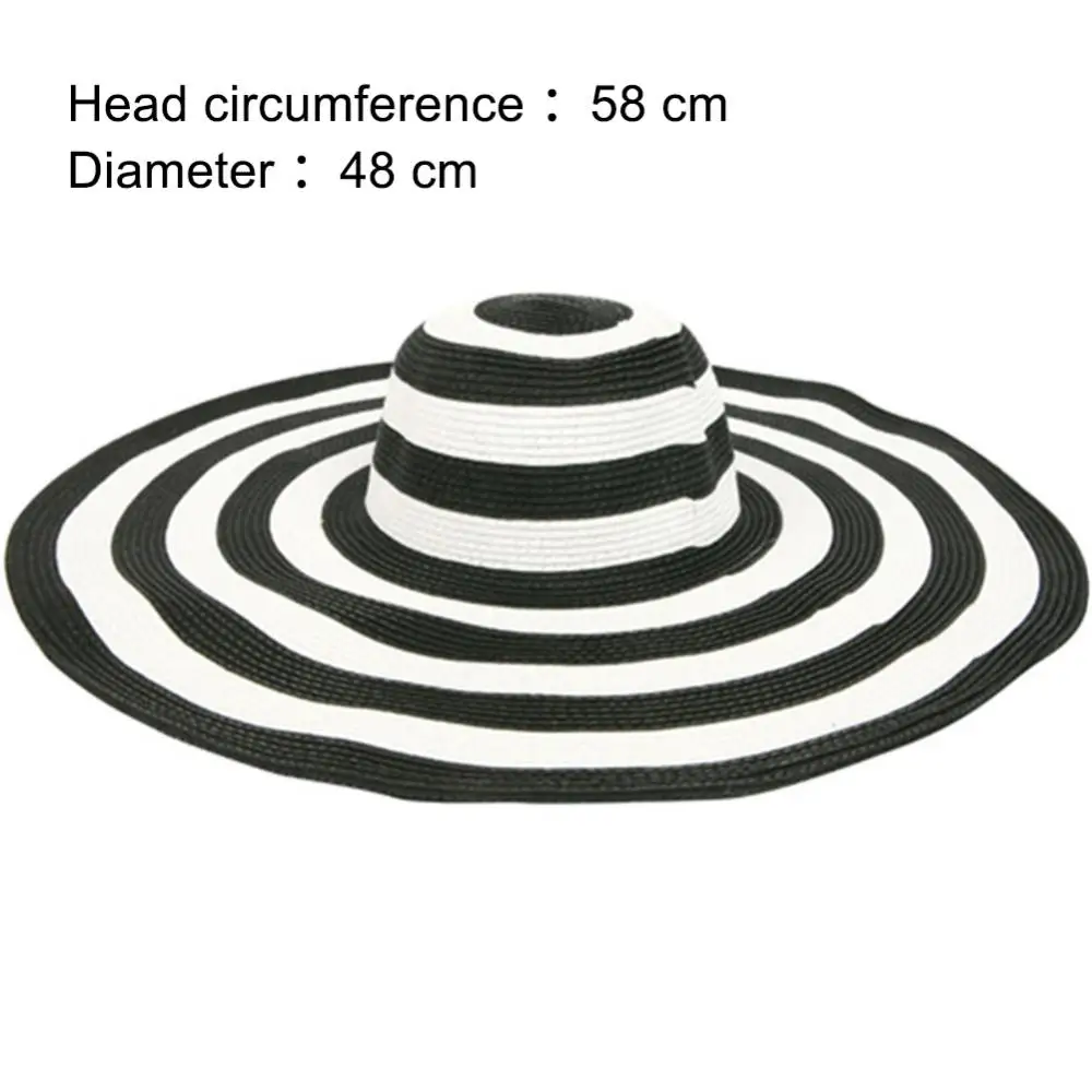 60% Dropshipping!!Women Fashion Stripe Wide Brim Floppy Straw Hat Foldable Summer Beach Sun C