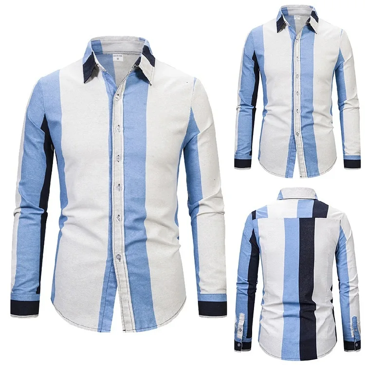 Летняя Хлопковая полосатая рубашка с длинным рукавом, хлопковая рубашка, мужская рубашка с отворотом для отдыха, мужская куртка 6026