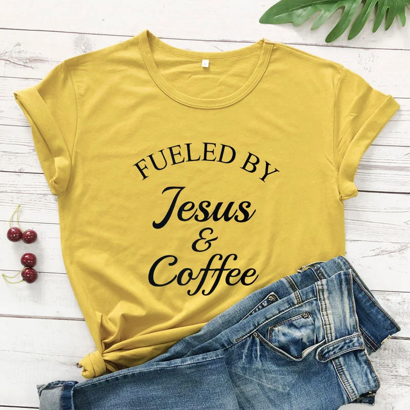 Fueled By Jesus& coffee Футболка женская Религиозная Христианская графическая Футболка Топ модная женская Мотивационная Библейская стих церковная футболка - Цвет: mustard-black text