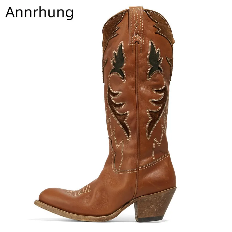 

New Arrival Winter Boots Women Retro Sewing Mid Calf Boots Cozy Slip On Embroidery Knight Boots Pointed Toe Block Heel Botas