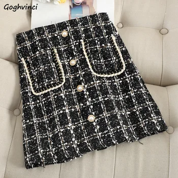 

Skirts Women Plaid Button Pockets High Waist A-Line Autumn Korean Style Trendy Fashion Leisure Streetwear Womens Daily All-match