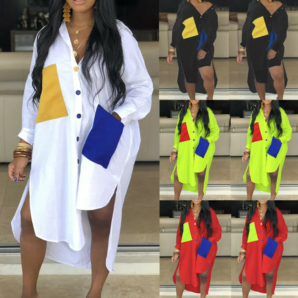 

Women's Turndown Collar Patchwork Shirts Casual Street Loose Long Sleeve Loose Long MAXI Dresses S-XXL