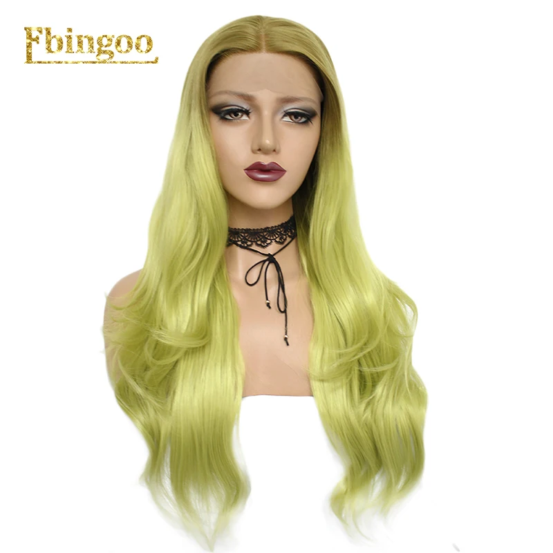 

Ebingoo Lemon Green Ombre Long Natural Wave Synthetic Lace Front Wig with Middle Part for Women Cosplay High Temperature Fiber