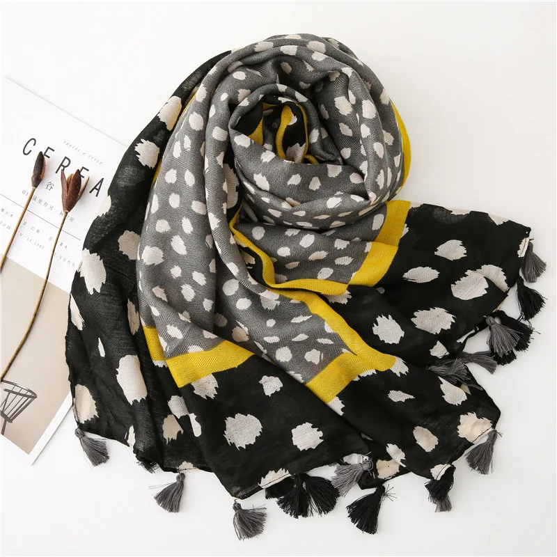 

Ladies Fashion Leopard Dot Tassel Viscose Shawl Scarf Autumn Winter Thick Pashmina Stole Bufandas Muslim Hijab Sjaal 180*100Cm