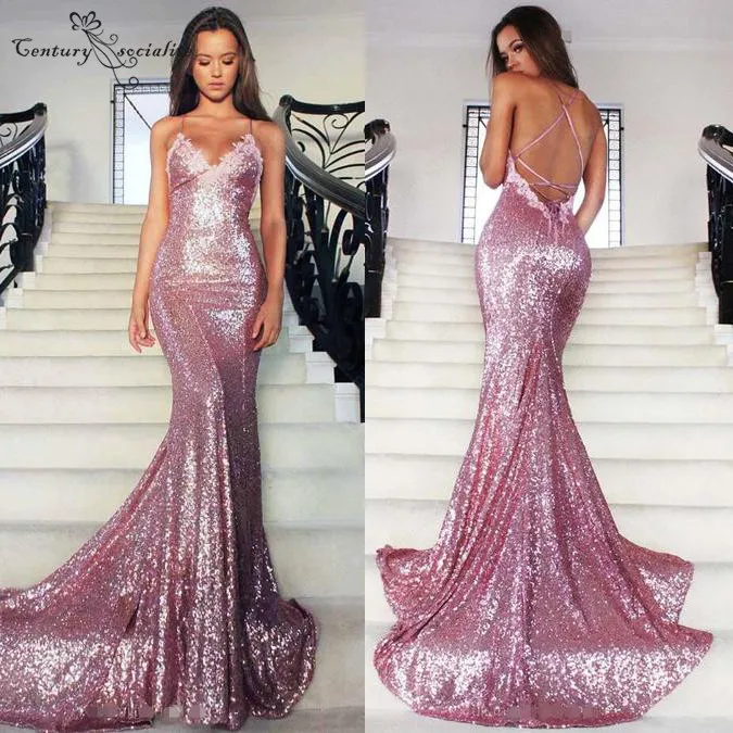 

Pink Mermaid Prom Dresses 2019 Sequined Appliques Backless Sexy Party Dress Evening Gowns Plus Size Customized Cheap