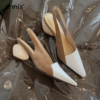 

ENNIS 2020 Fashion Women Slingback Pumps Pointed Toe Square Heel Sandals Spring Summer Mid Heel Black White Casual Shoes P0004