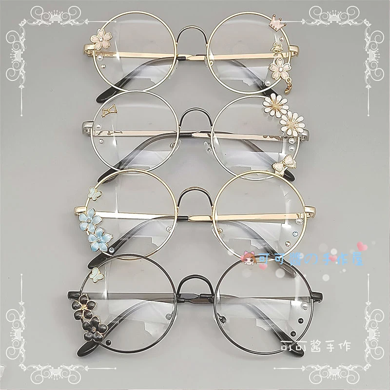 

Lolita soft sister flat glasses frame retro metal round Harajuku Japanese girl cherry blossom Cos diffuse decorative glasses