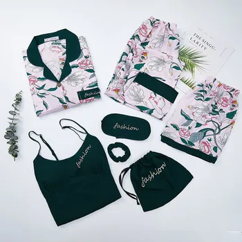 

Printing Women Pajamas Sets Satin Silky 7PCS Sleepwear Long Sleeve Sleep Set Female Casual Pyjamas Suit Loose Home Clothes