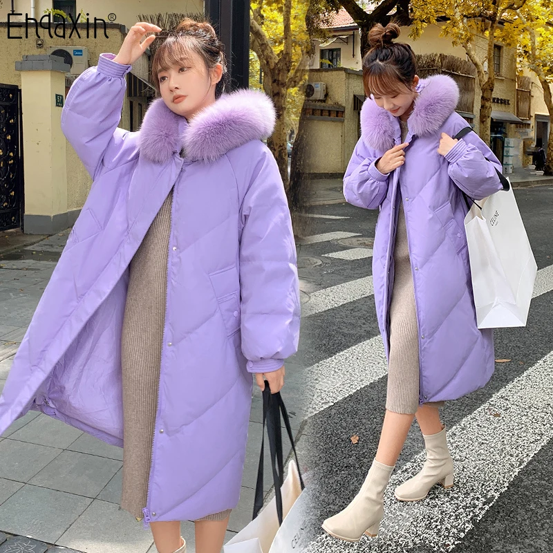 

EHQAXIN Winter Womens Hooded Down Jacket Korean Fashion Big Fur Collar Long Loose Thick Warm Cotton Coat With Pockets Lady S-XL