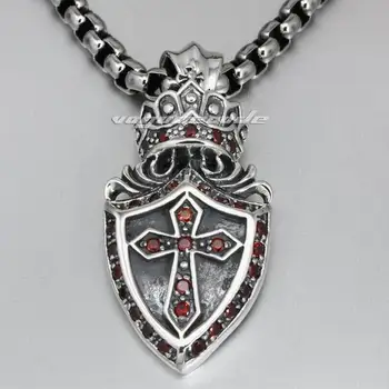 

925 Sterling Silver Solid Crown Cross Shield Mens Biker Punk Pendant 8N003