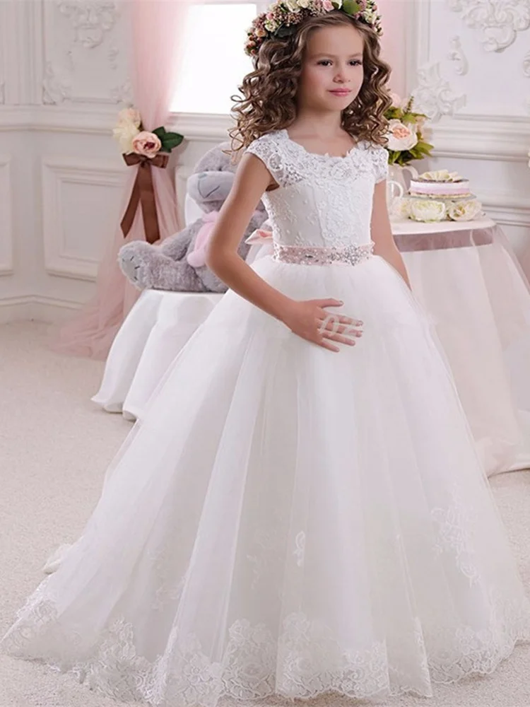 

Flower Girls Dresses for Wedding See Through Beaded Puffy Little Girls Pageant Dress Toddler First Communion Gowns