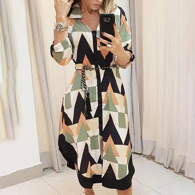 2021 Autumn Elegant Shirt Dress Women Button Long Sleeve Tunic Midi Dress Ladies Office V Neck Print Party Dresses For Women business casual women