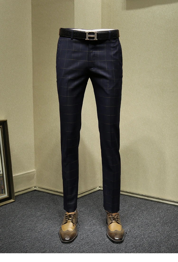 mens dress pants deep blue plaid slim fit retro suit pants formal pant for business man casual autumn wedding groom trouser