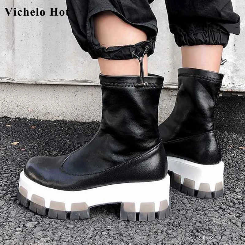 

Vichelo Hot genuine leather simple style boots round toe high heels platform non-slip winter basic warm women ankle boots L71