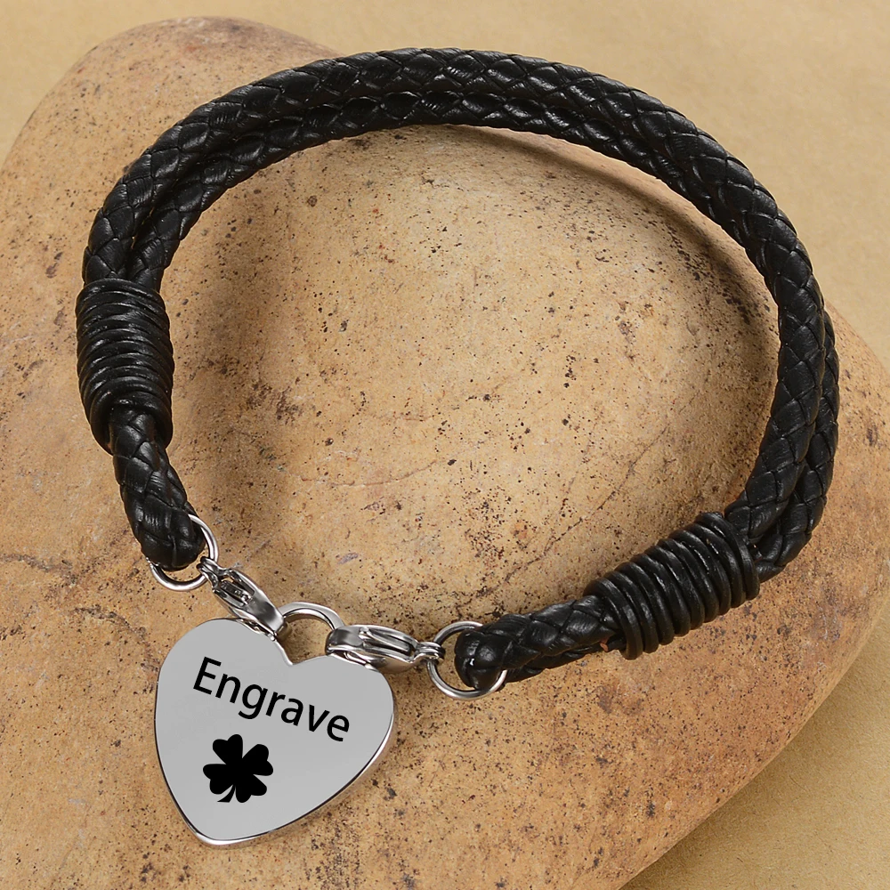 

Free Engraving Personalized Name Logo Black Braided Genuine Leather Stainless Steel Heart Charm Diy Bracelet SL-137